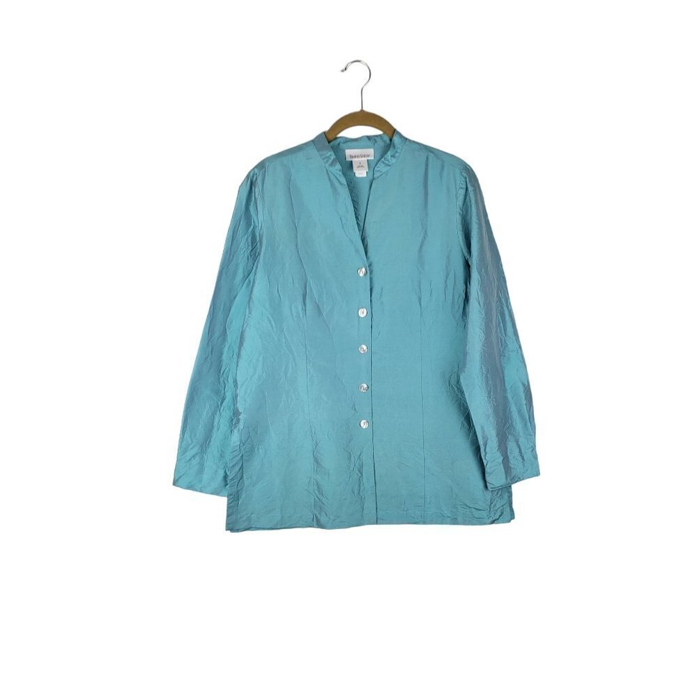Travelsmith Silk Button Up Top Iridescent Turquoise Long Sleeve Size Small